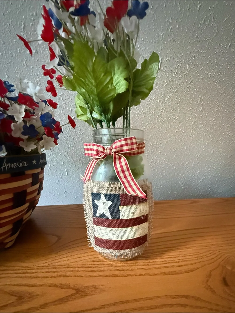 Have A Floral 4th! Patriotic Red, White & Blue Floral Basket and Mason Jar Décor